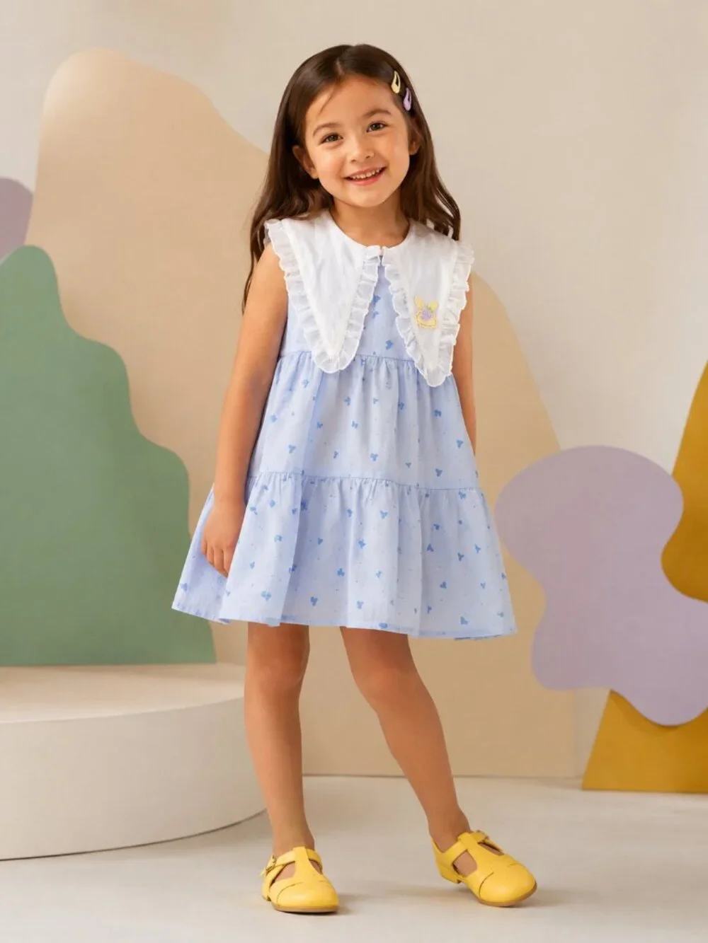 Vintage Blue Heart Tiered Dress Ruffle Bib Collar Bunny Applique Cottagcore